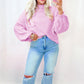Pink raw edge ribbed knit sweater with puffy drop shoulder sleeves