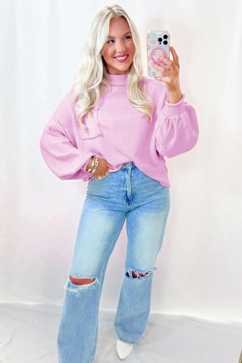 Pink raw edge ribbed knit sweater with puffy drop shoulder sleeves