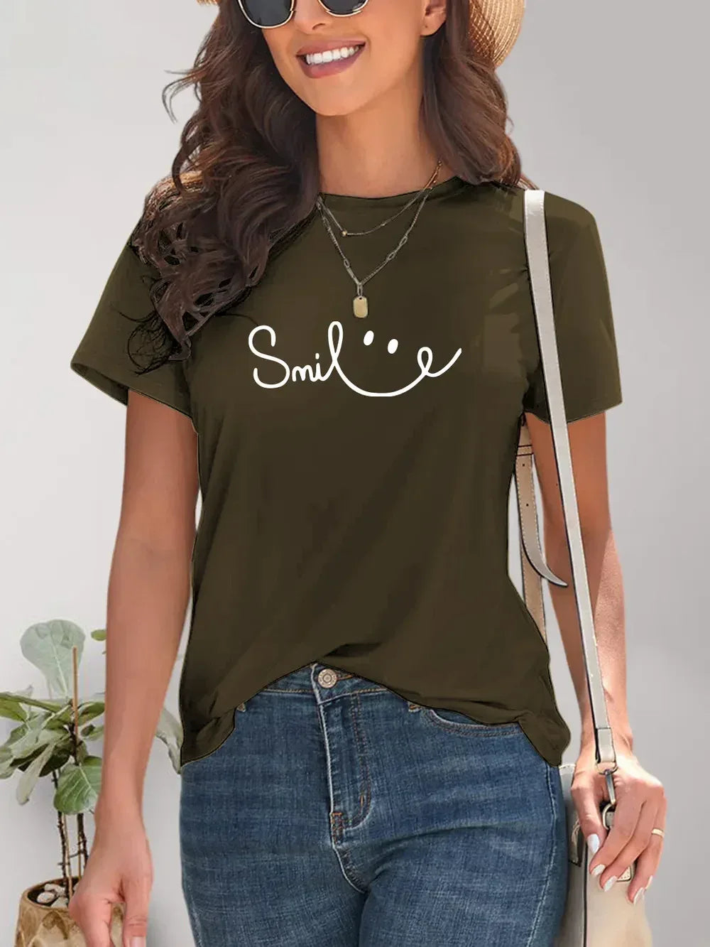 SMILE Round Neck Short Sleeve T-Shirt - DAVERRI FASHIONS