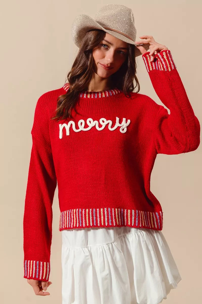 SO ME Merry Lettering Embroidered Christmas Sweater | Sweaters Daverri Fashions