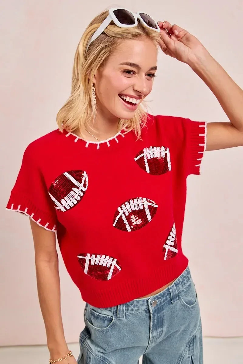 BiBi Gameday Sequin Football Embroidered Stitch Sweater - DAVERRI FASHIONS