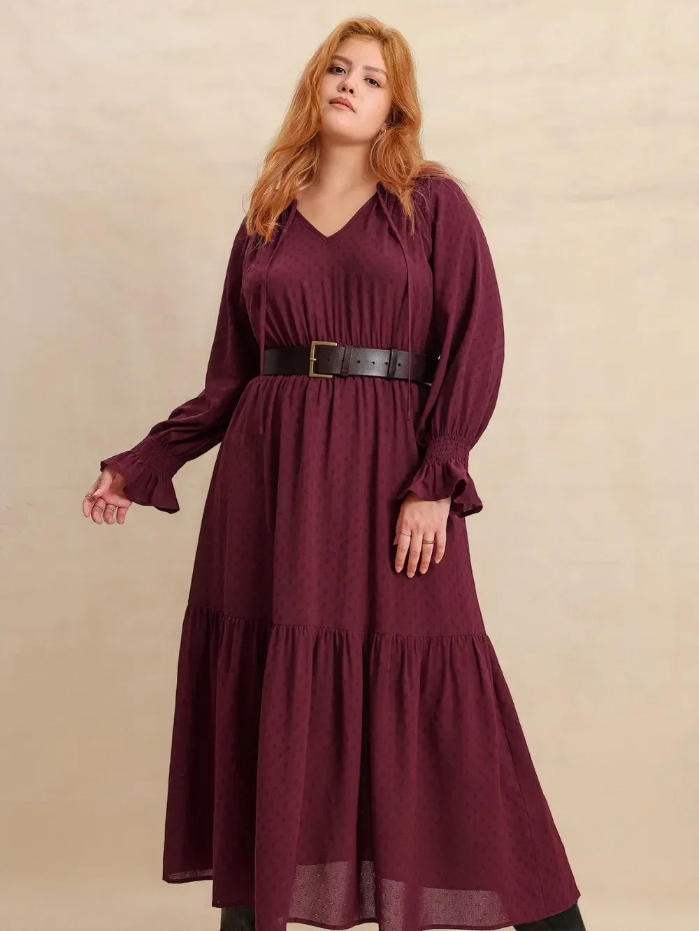 Plus Size Swiss Dot Tie Neck Flounce Sleeve Maxi Dress - DAVERRI FASHIONS