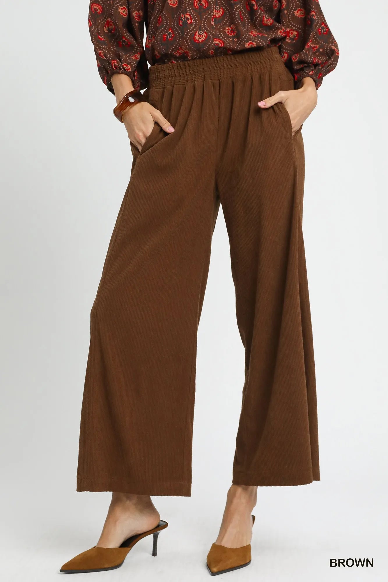 Umgee Wide-Leg Corduroy Pants Brown Pants