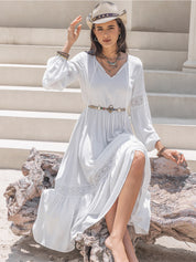 White Tie Neck Balloon Sleeve Midi Dress | Midi Dresses Daverri Fashions