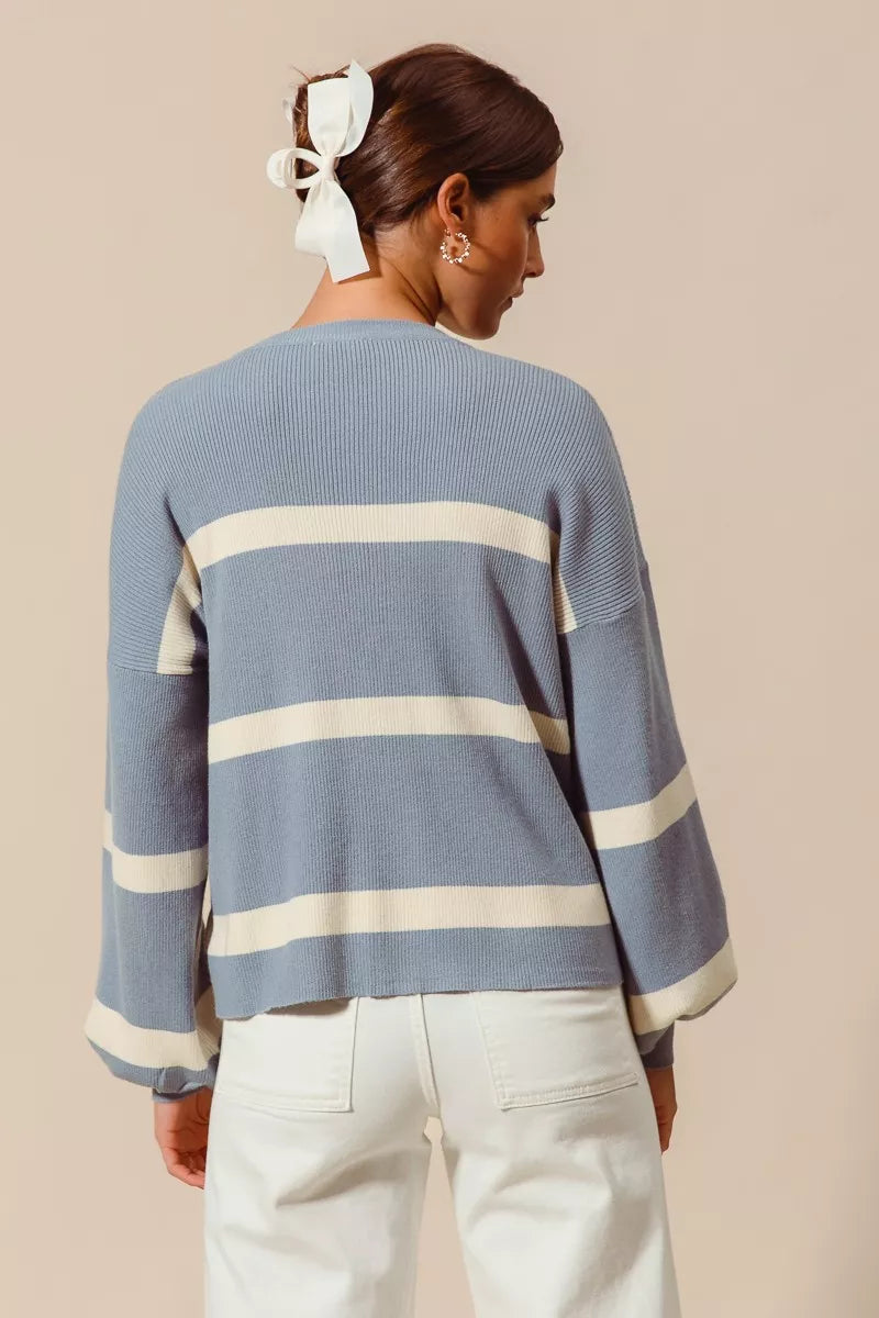 SO ME ribbed striped round neck sweater with mesh sleeves