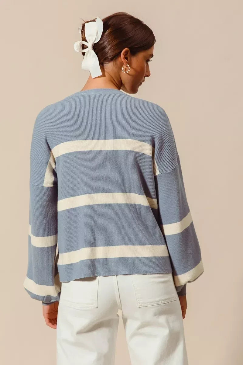 SO ME Ribbed Striped Round Neck Sweater - DAVERRI FASHIONS