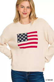 LT BEIGE Zenana American Flag Crew Neck Sweater | Daverri Fashions