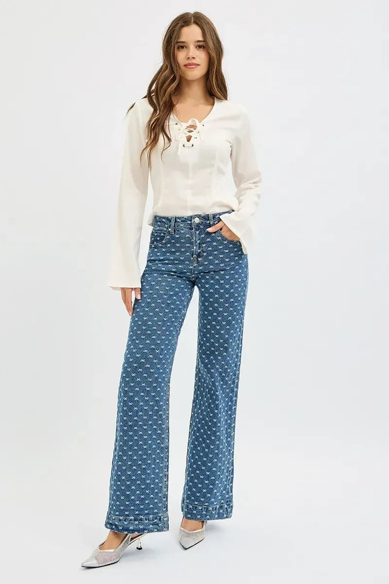 RISEN High Rise Wide Leg Bow Embroidered Jeans - DAVERRI FASHIONS