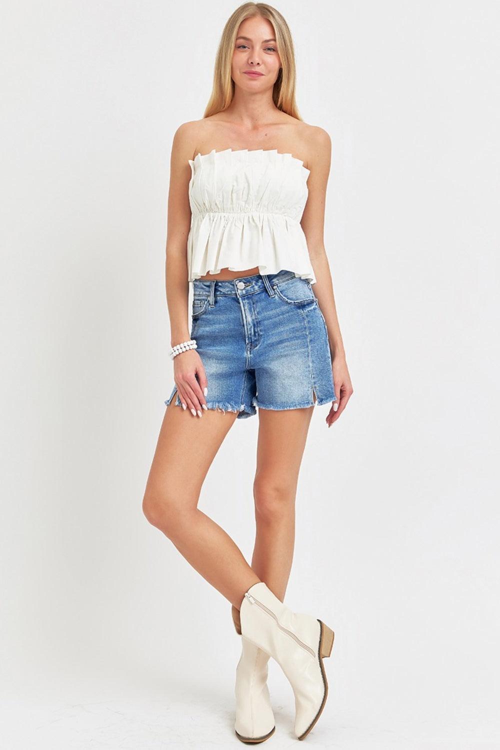 Front Slit Raw Hem Denim Shorts Shorts