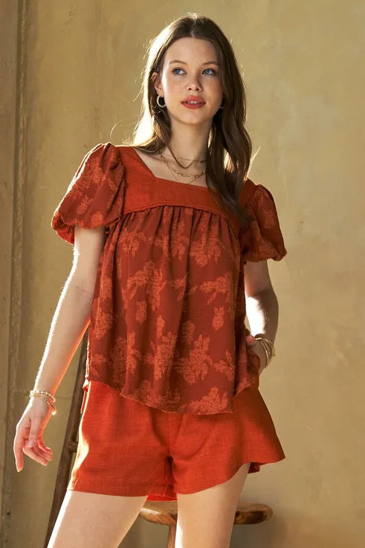 Davi & Dani Nature Printed Square Neck Puff Sleeve Blouse