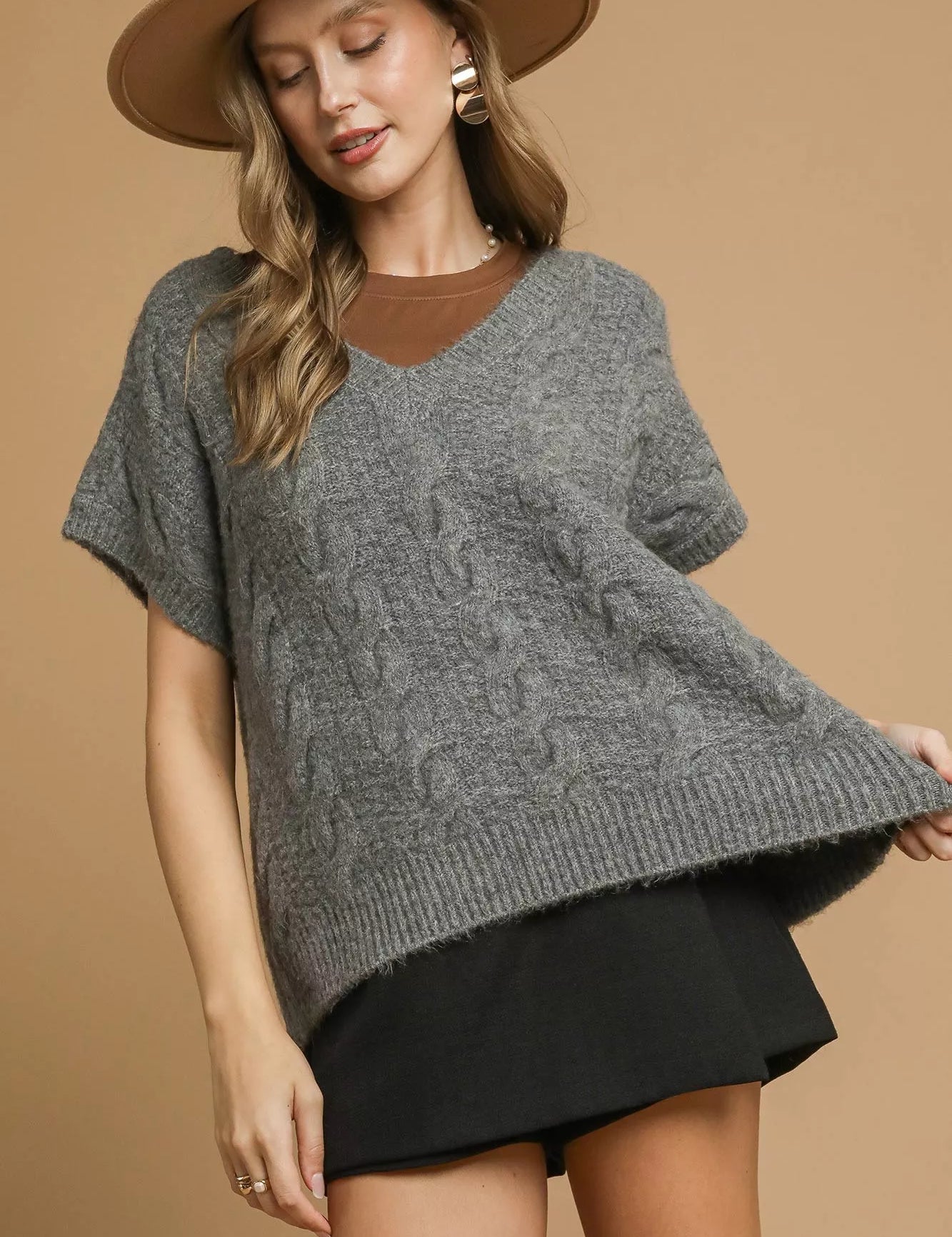 CHARCOAL GREY Umgee Cable-Knit V-Neck Sweater | Sweaters Daverri Fashions