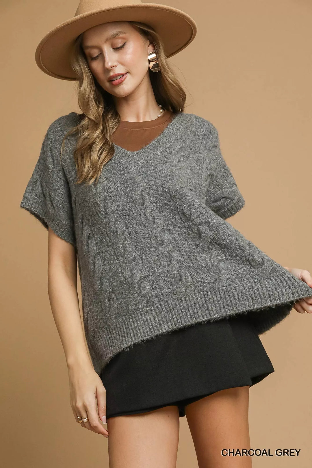 CHARCOAL GREY Umgee Cable-Knit V-Neck Sweater | Sweaters Daverri Fashions