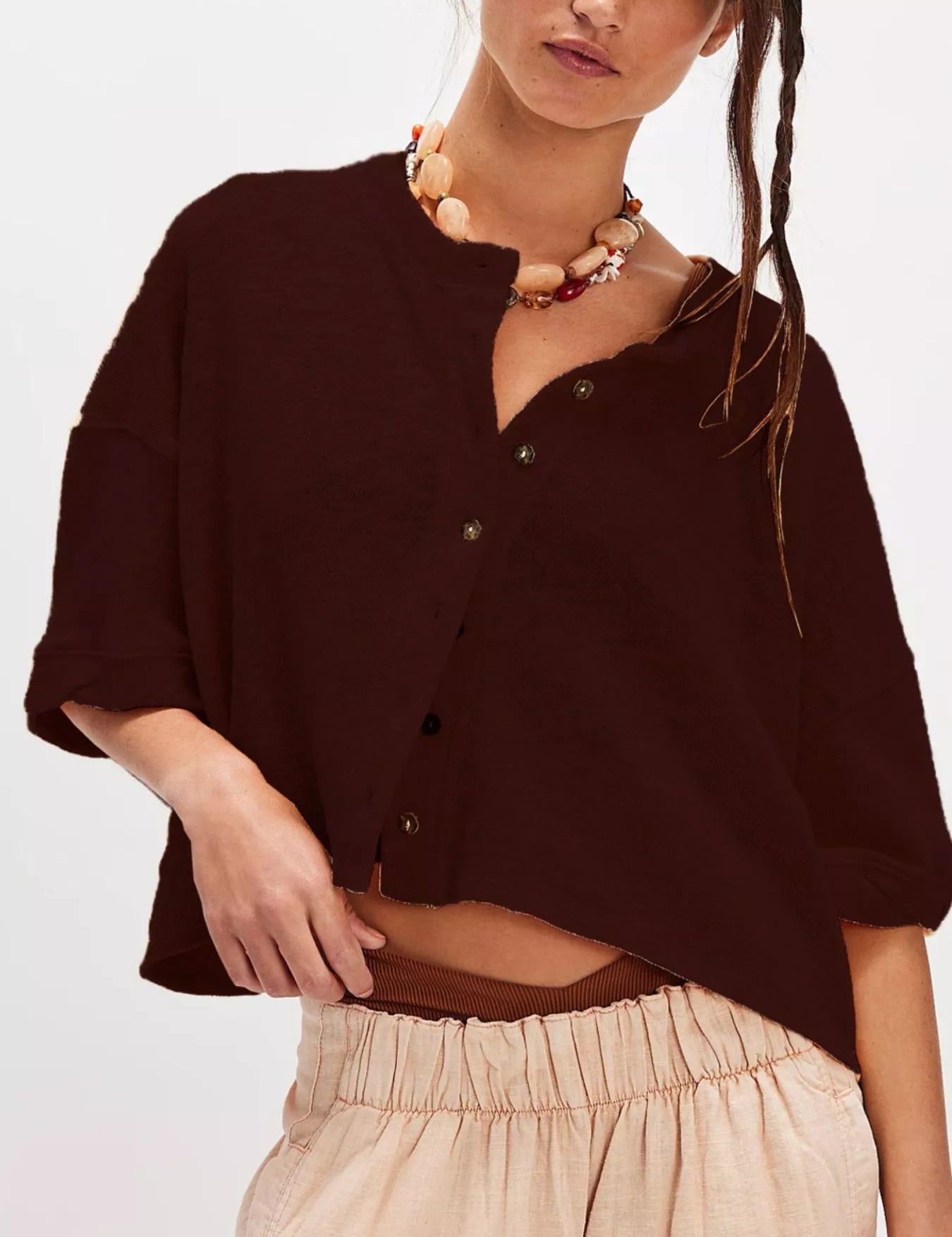 Brown Button-Front Half Sleeve Cardigan | Cardigans Daverri Fashions