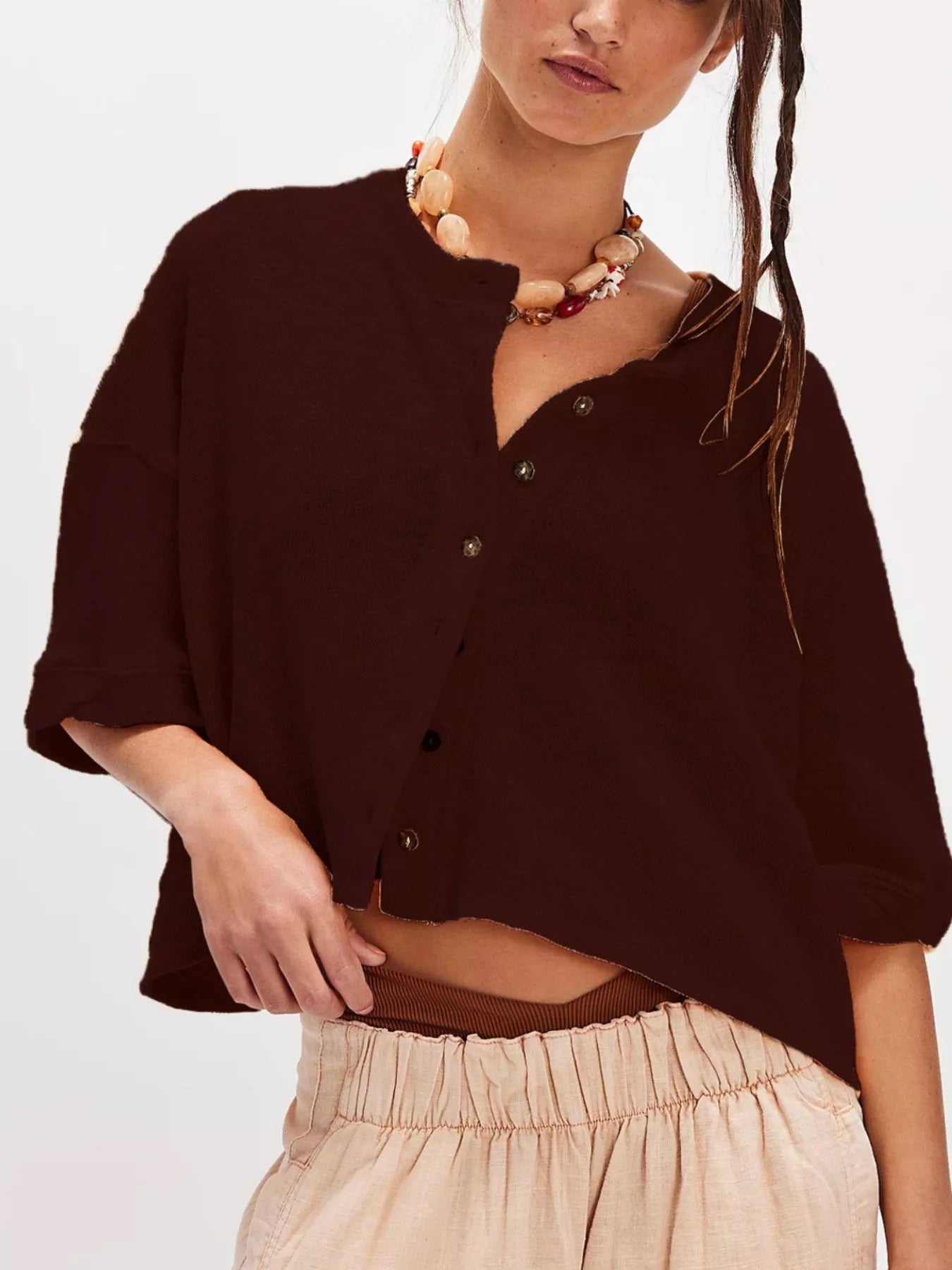 Brown Button-Front Half Sleeve Cardigan | Cardigans Daverri Fashions