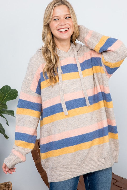 Plus Striped Loose Fit Pullover Hoodie Sweater Tops