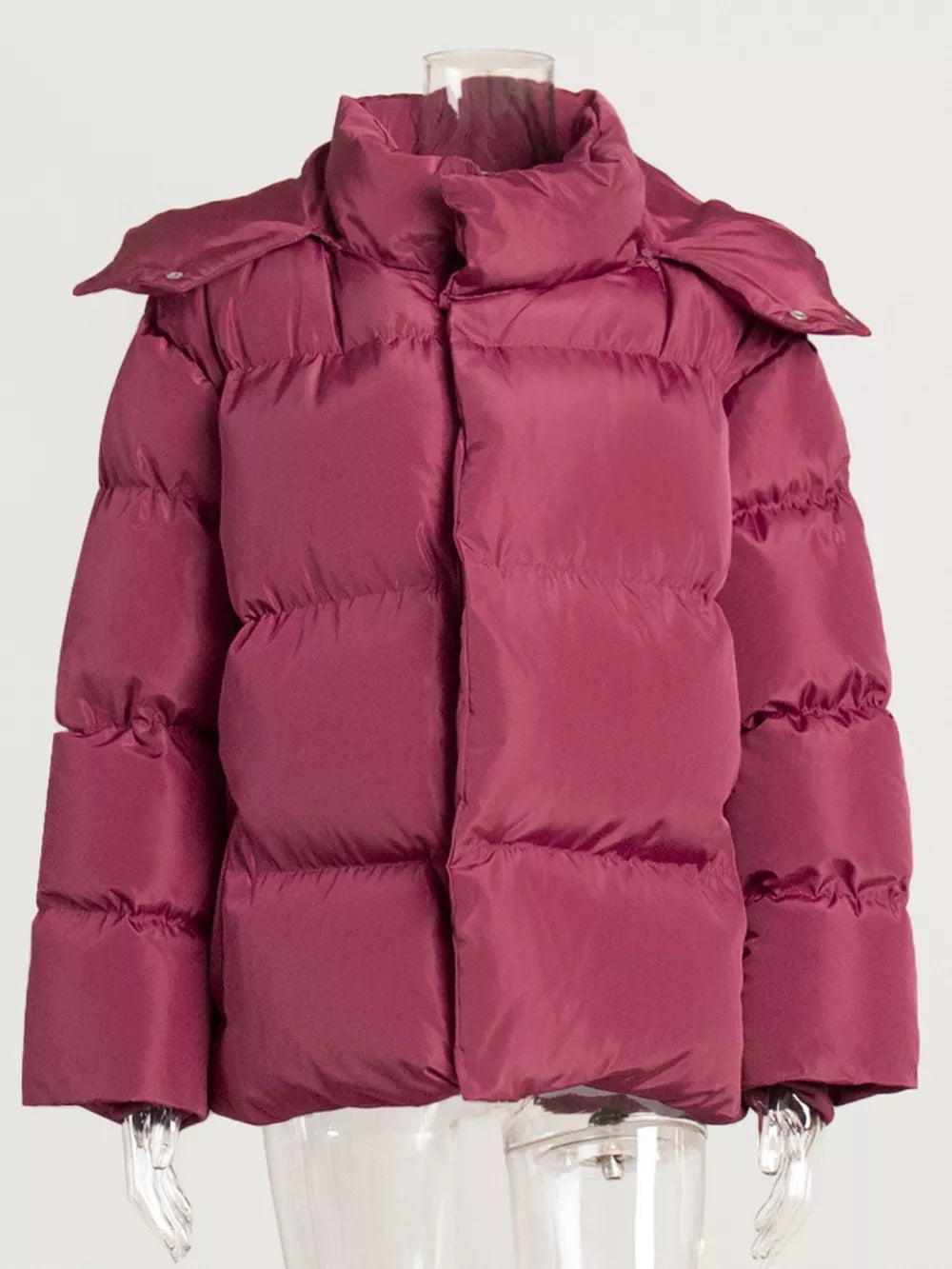 Magenta pocketed zip-up hooded puffer jacket with ruffles