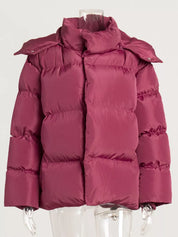 Magenta pocketed zip-up hooded puffer jacket with ruffles