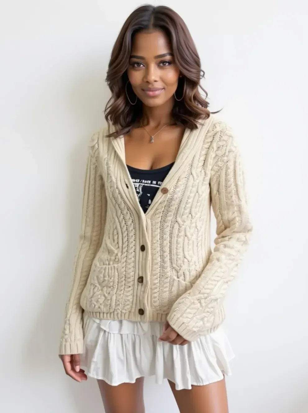 Cable Knit Button Up Cardigan - DAVERRI FASHIONS