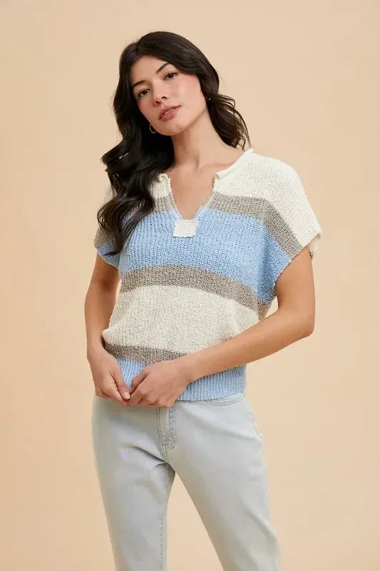 Annie Wear Low Gauge Color Block Textured Sweater Top - DAVERRI FASHIONS