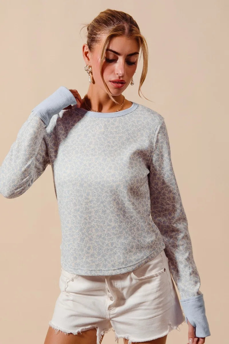 SO ME Textued Floral Knit Top with Contrast Cuffs Tops