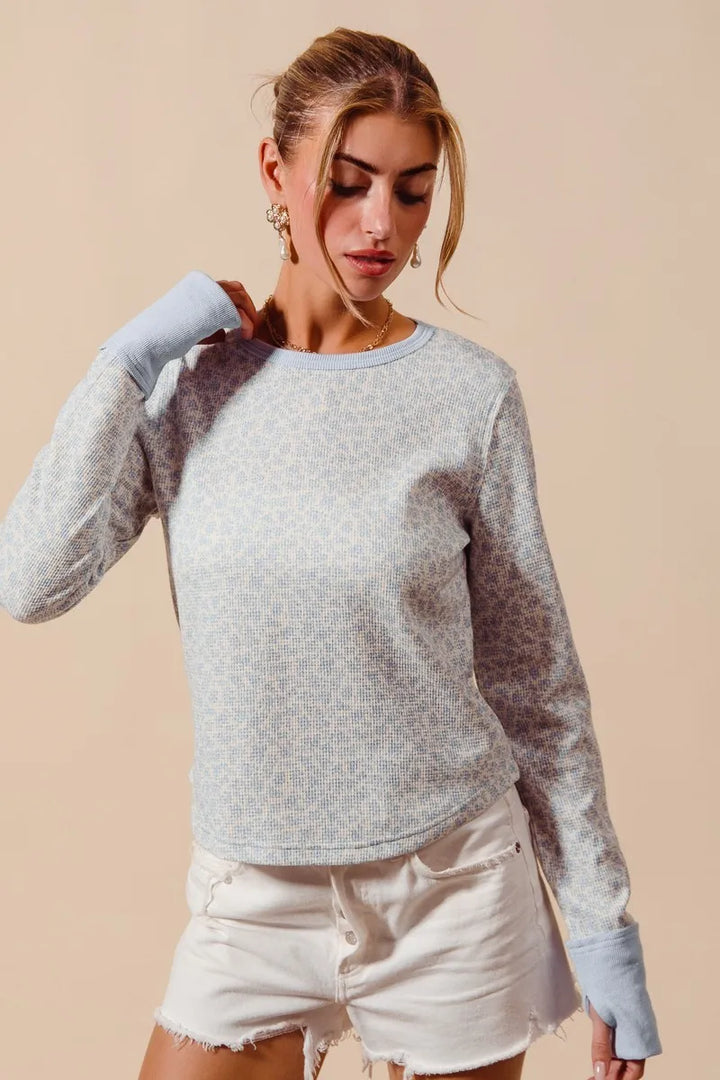 SO ME Textued Floral Knit Top with Contrast Cuffs Tops