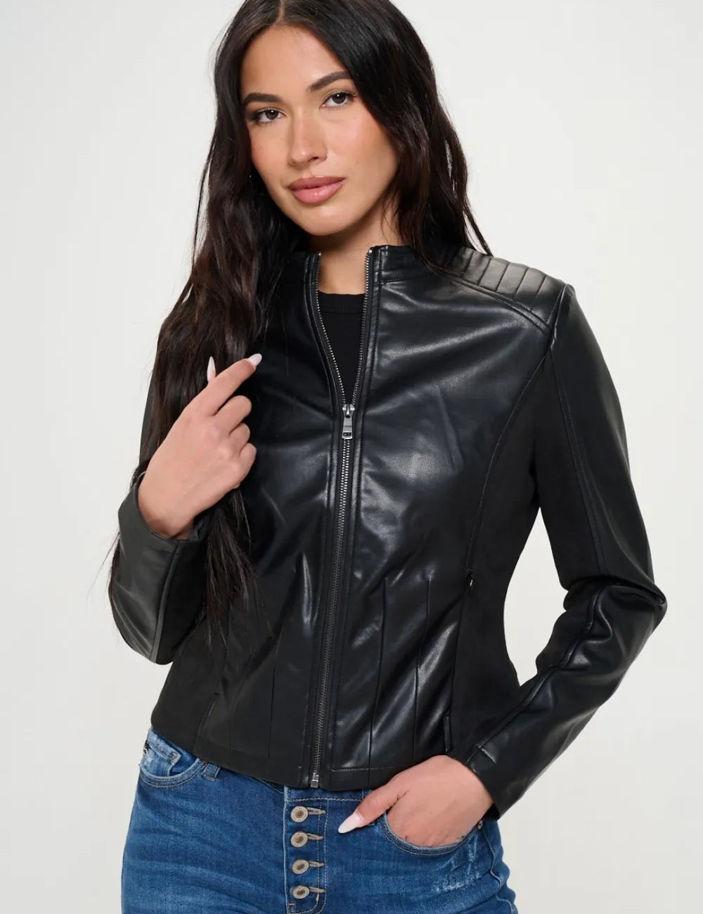 Black Coalition LA Zip Up Vegan Leather Moto Jacket | Jackets Daverri Fashions