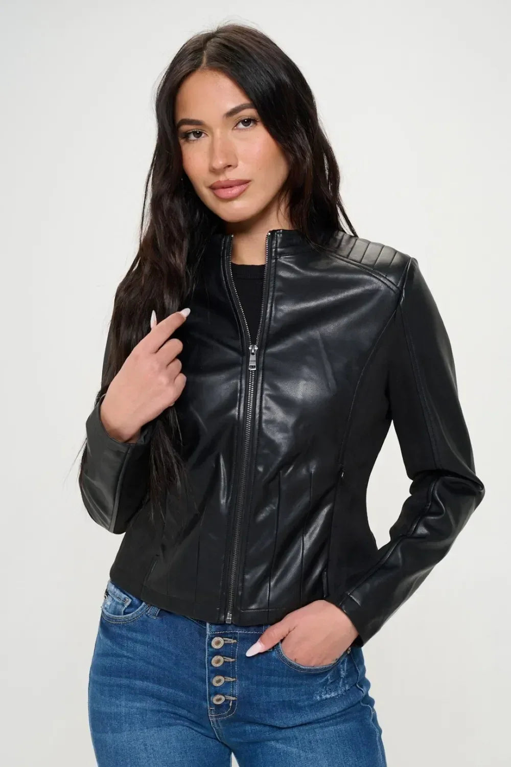 Coalition LA Zip Up Vegan Leather Moto Jacket - DAVERRI FASHIONS