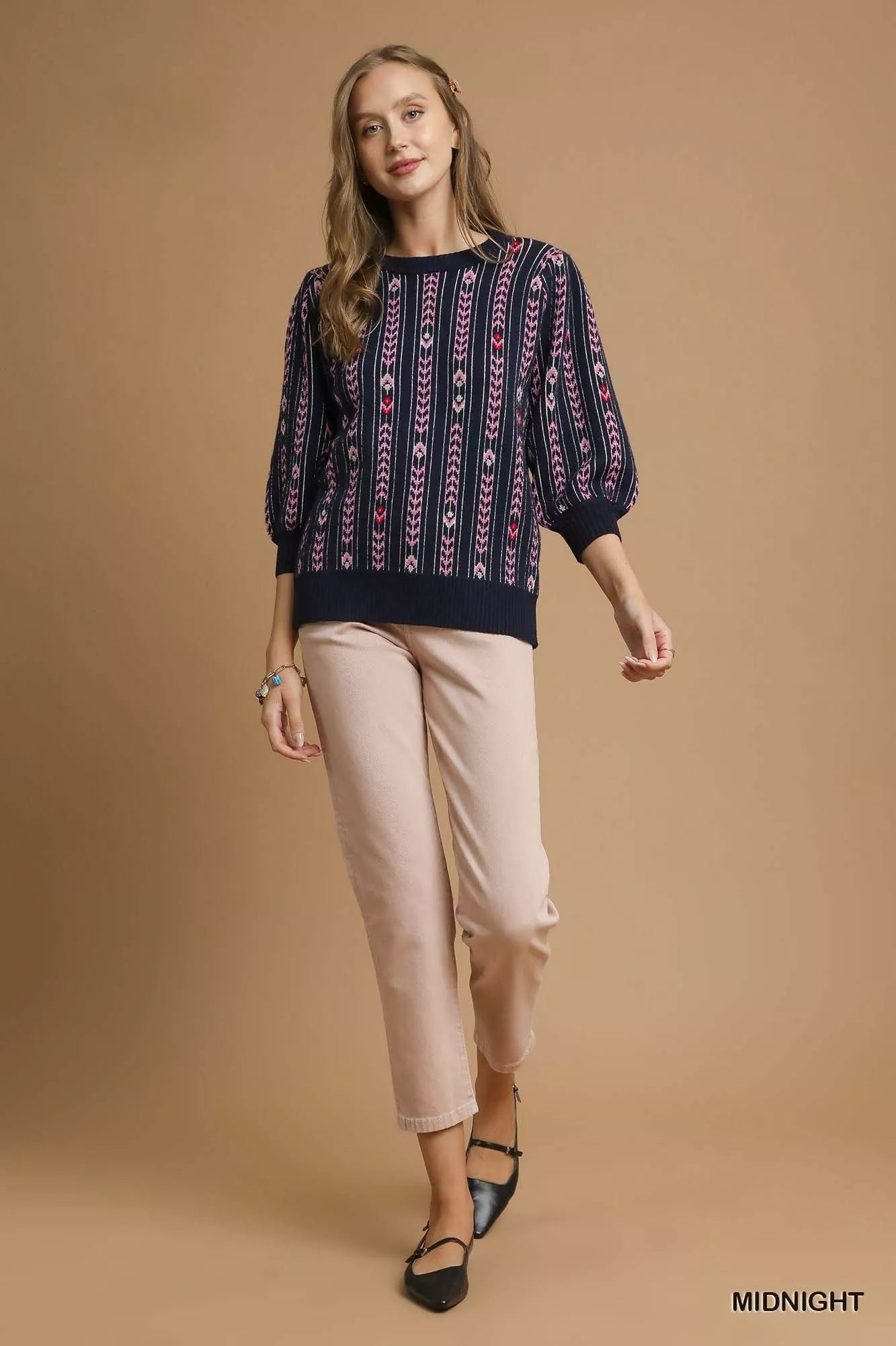Umgee Jacquard Knit Puff Sleeve Sweater | Sweaters Daverri Fashions