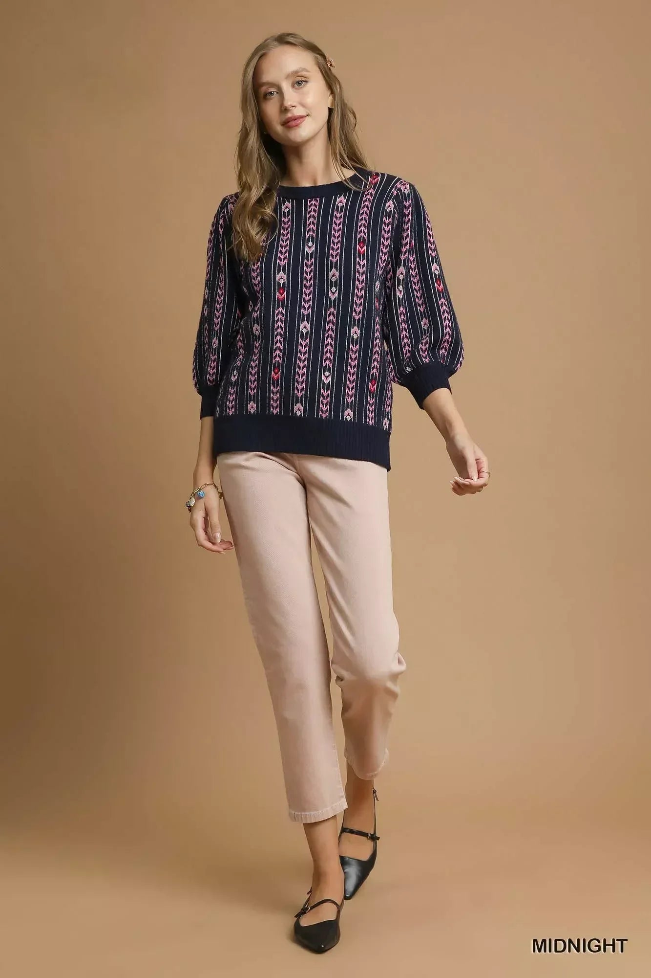 Umgee Jacquard Knit Puff Sleeve Sweater - DAVERRI FASHIONS