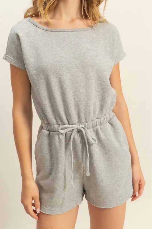 HYFVE Round Neck Short Sleeve Drawstring Waist Romper Rompers
