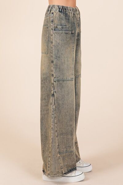 Mittoshop Washed Wide Leg Jeans with Pockets