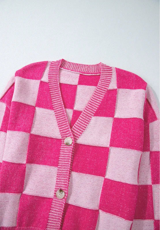 Checkered V-Neck Long Sleeve Cardigan | Cardigans Daverri Fashions