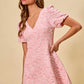 SO ME floral jacquard fit and flare mini dress in pink lace with puffed sleeves and V-neckline