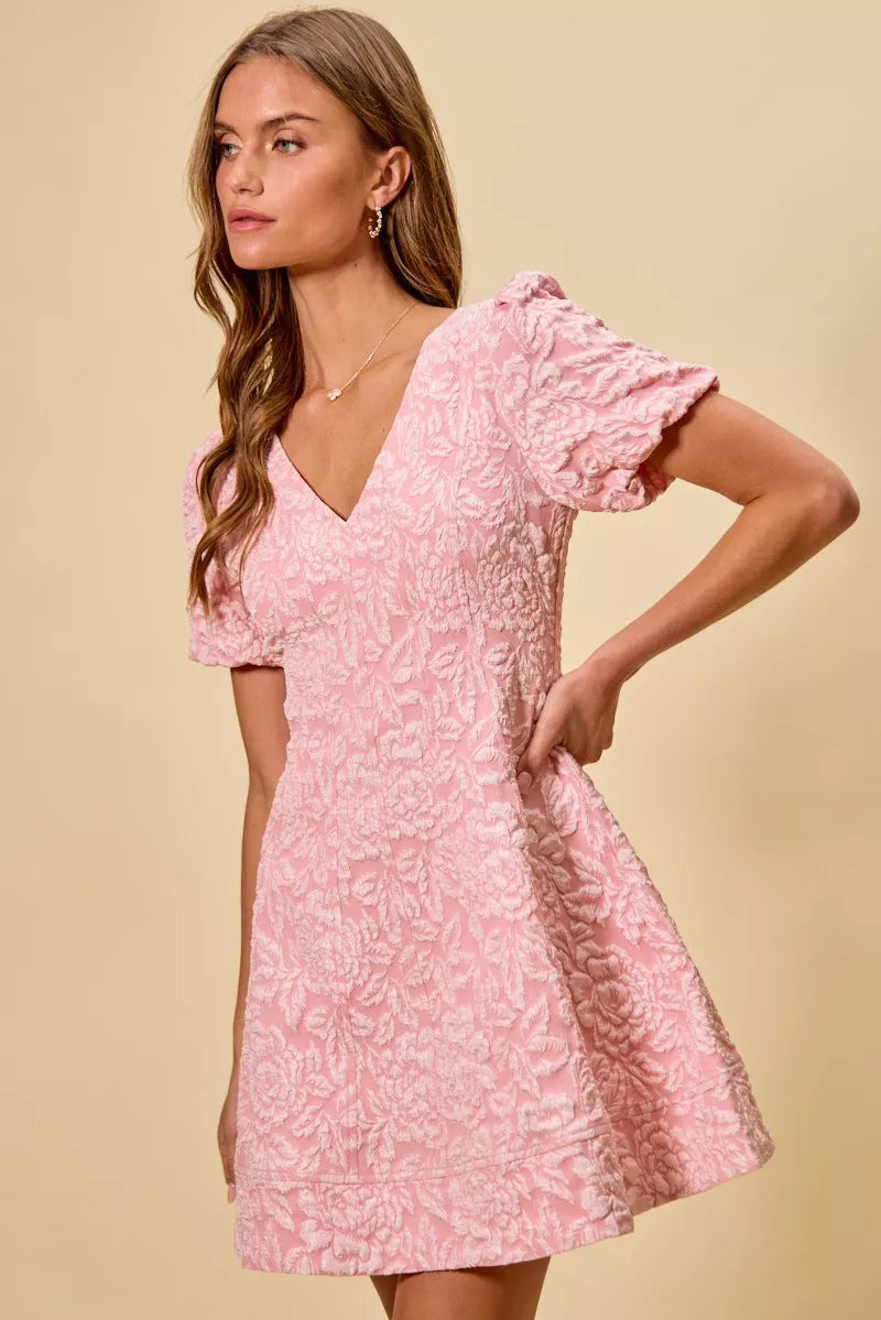 SO ME floral jacquard fit and flare mini dress in pink lace with puffed sleeves and V-neckline