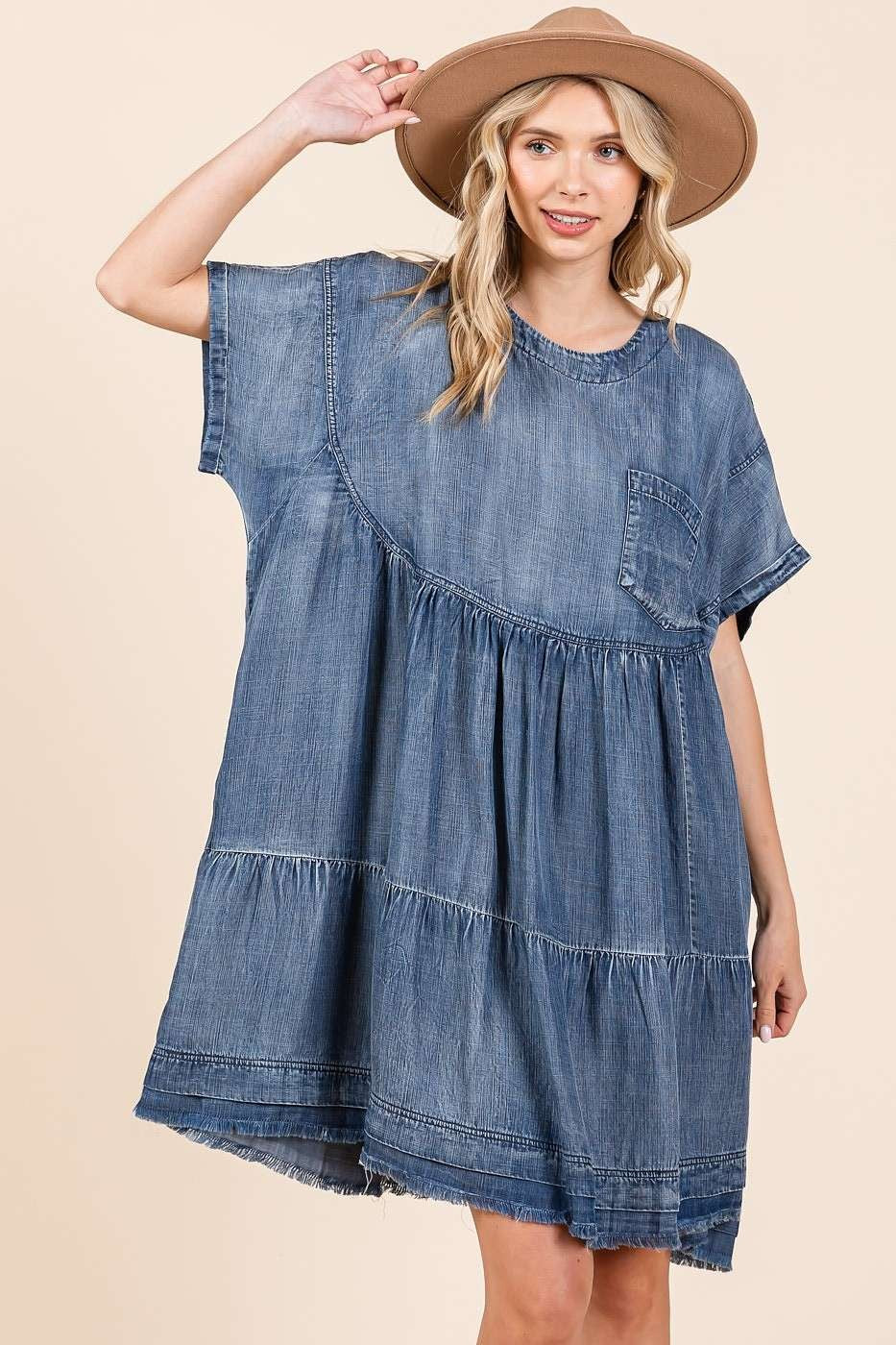 Mittoshop Washed Chambray Denim Oversized Tier Mini Dress Mini Dresses