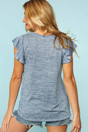Denim Two Tone V Neck Ruffle Sleeve Top | Daverri Fashions