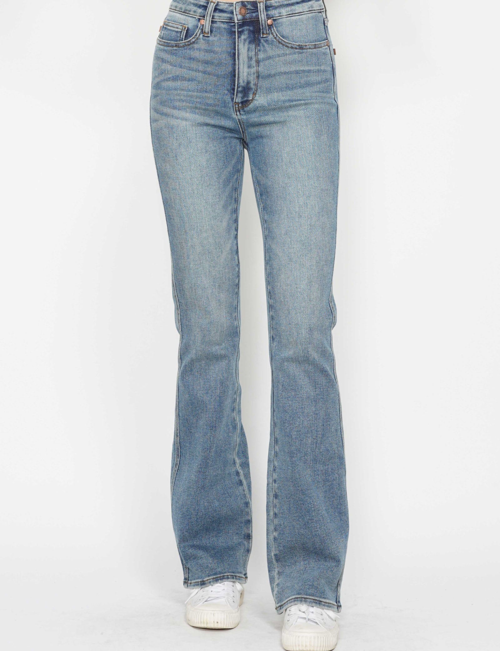 LONG INSEAM Judy Blue Full Size Tummy Control Back Embroidered Pocketed Bootcut Jeans Plus Size | Daverri Fashions