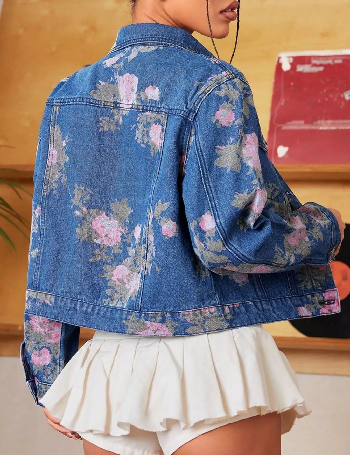 Floral Print Cropped Denim Jacket | Denim Jackets Daverri Fashions