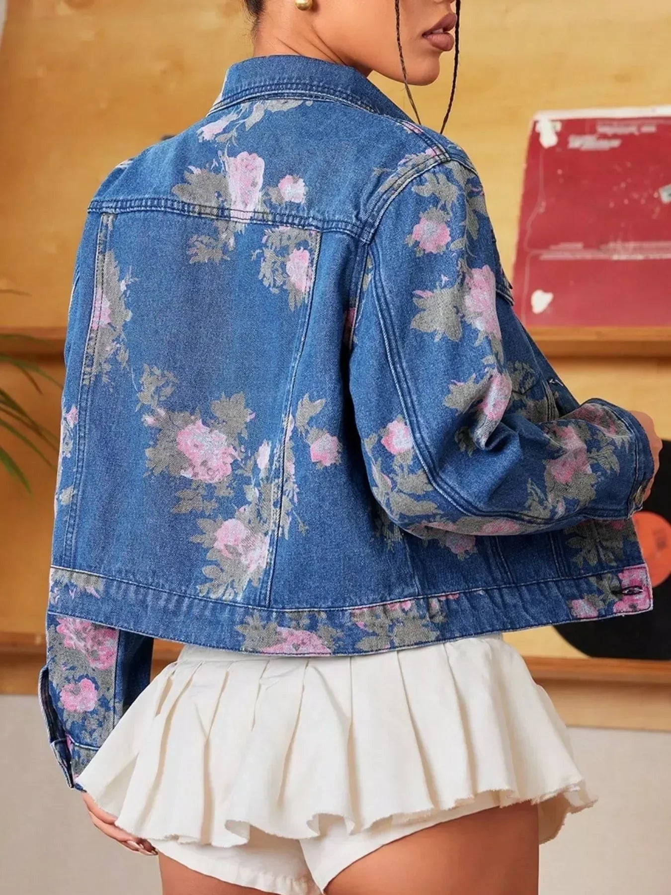 Floral Print Cropped Denim Jacket - DAVERRI FASHIONS