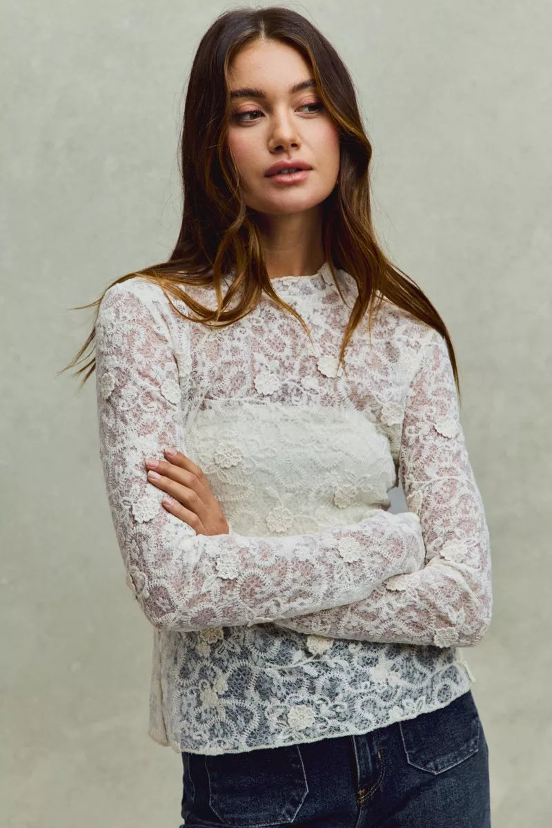 Delicate SO ME lace long-sleeve top with 3D floral layering