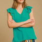 Umgee Full Size V-Neck Double Layered Ruffle Sleeve Blouse Plus Size Turquoise 1XL Blouses