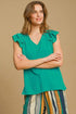 Umgee Full Size V-Neck Double Layered Ruffle Sleeve Blouse Plus Size Turquoise 1XL Blouses