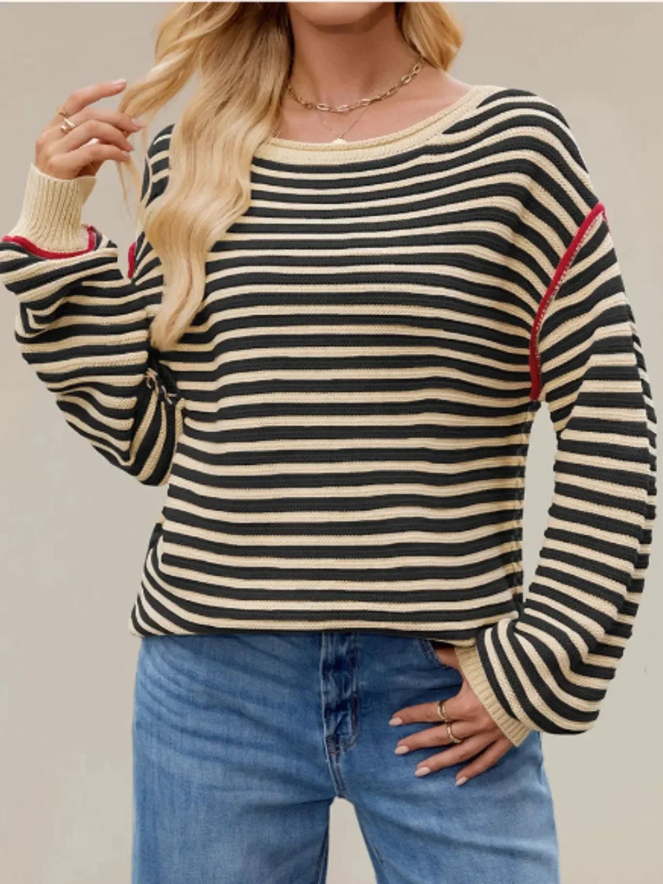 Slit Striped Oversized Sweater - DAVERRI FASHIONS