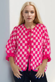 Double Take Tied Checkered Dropped Shoulder Flounce Sleeve Cardigan | Cardigans Daverri Fashions