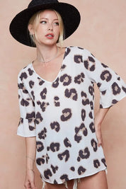BiBi Leopard Printed V Neck Woven Top with Ruffled | Blouses Daverri Fashions