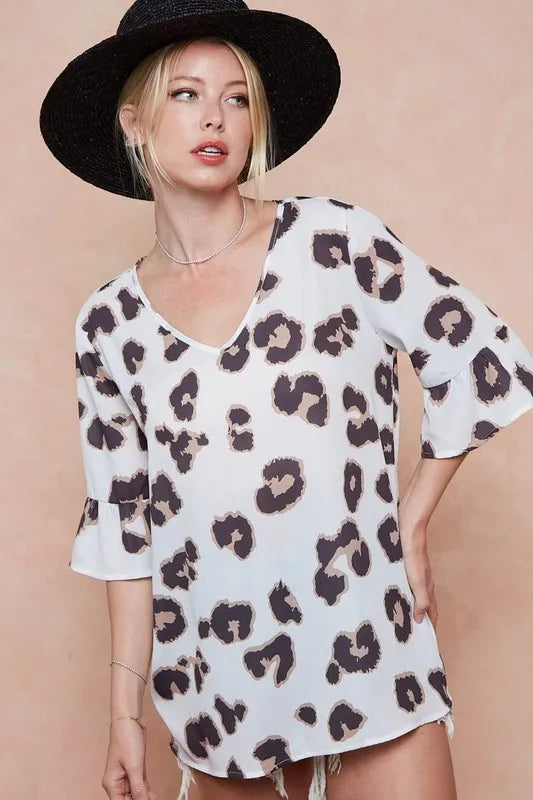 BiBi Leopard Printed V Neck Woven Top with Ruffled | Blouses Daverri Fashions