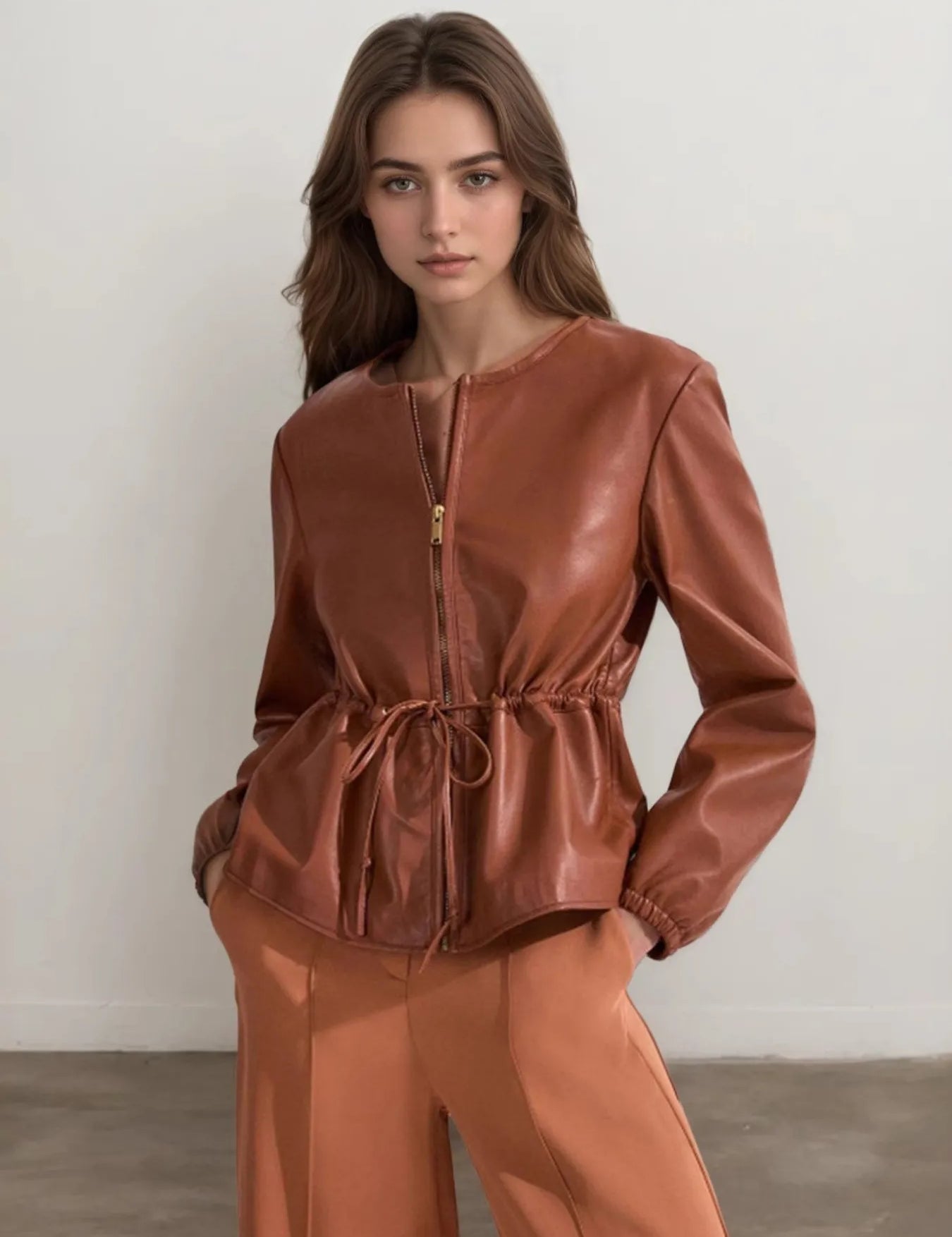 Brown Drawstring Zip Up Leather Jacket | Jackets Daverri Fashions