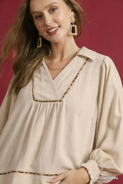 Umgee Full Size Linen Scallop Hem Blouse with Contrast Trim Plus Size | Daverri Fashions