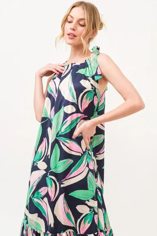 And The Why Botanical Printed Halterneck Tiered Maxi Dress - DAVERRI FASHIONS