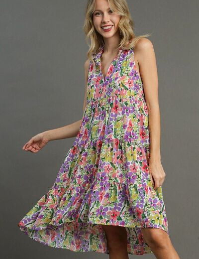 Umgee Full Size High-Low Hem Floral Sleeveless Tiered Dress Plus Size VIOLETMIX